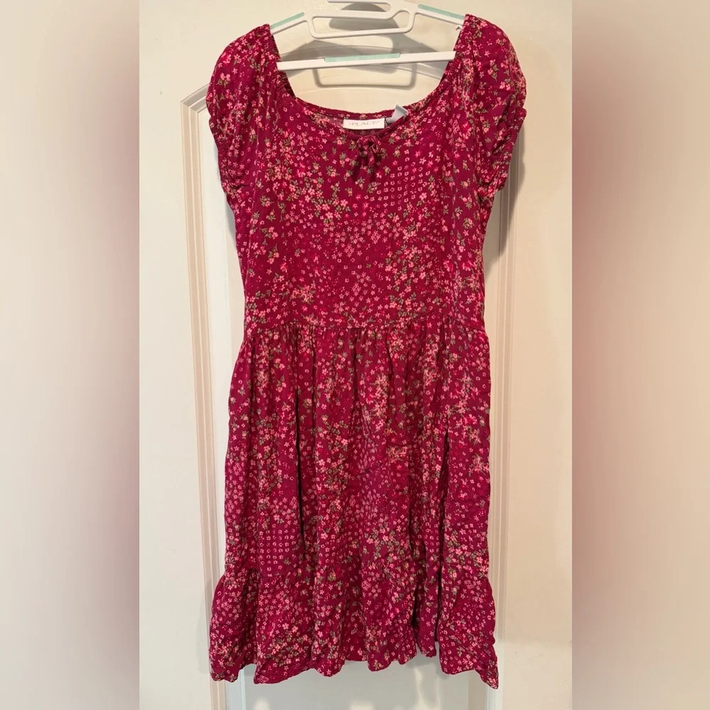 The Children's Place Raspberry Floral Short Sleeve Casual Dress - Sz 10/12